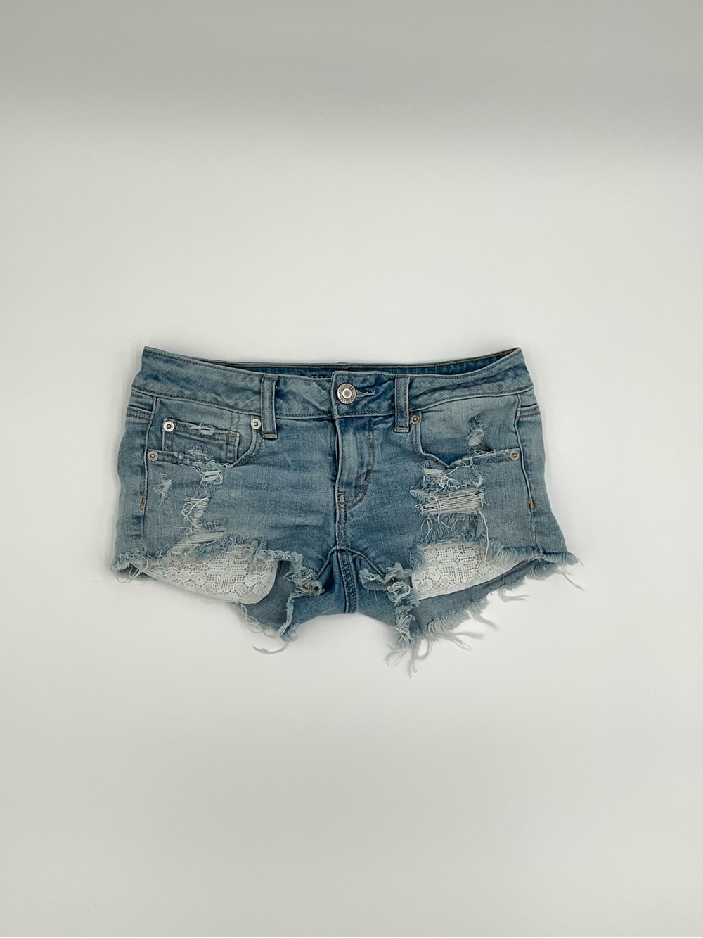 American Eagle Super Low Shortie Distressed Lace Denim Shorts Size 2